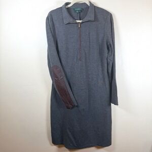 Lauren Ralph Lauren Mock Neck Lamb Leather 1/2 Zip Knit Dress Gray Equestrian 14